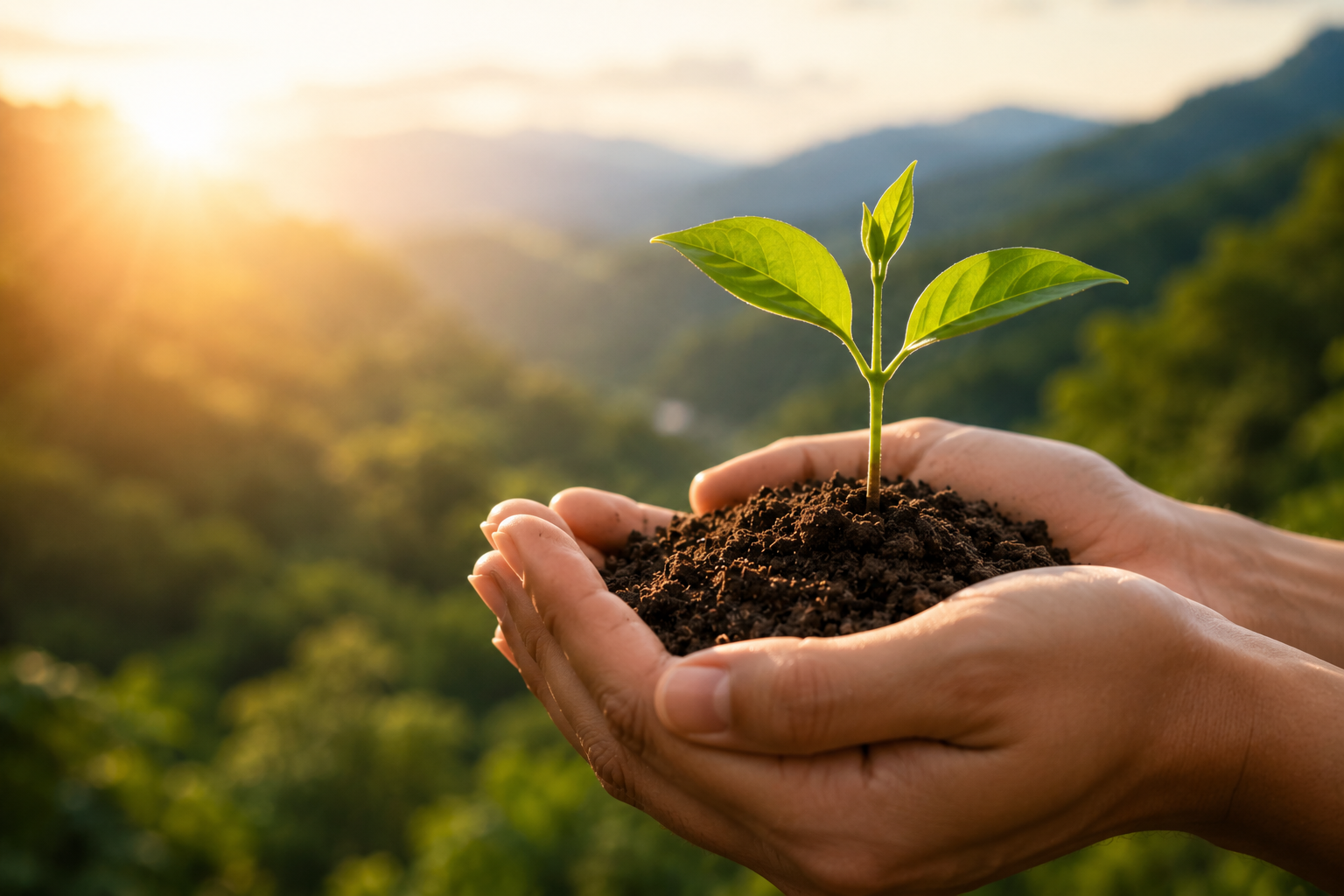 Hands holding a growing plant symbolizing personal growth