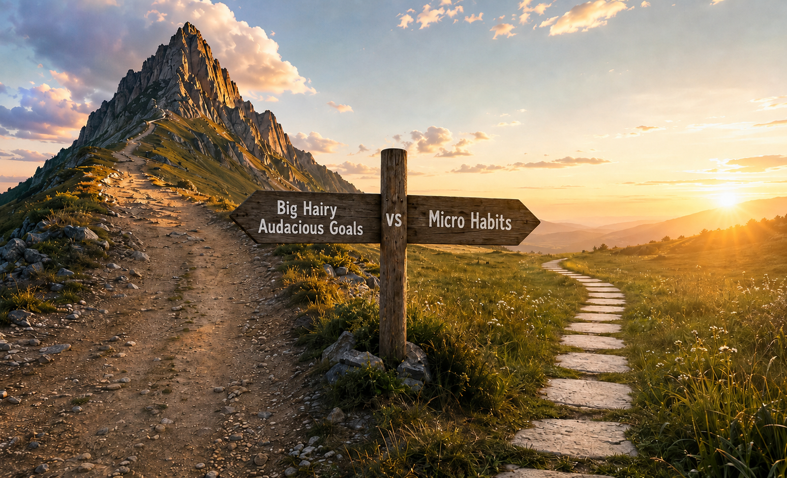 Two different paths representing bold goals and small habits