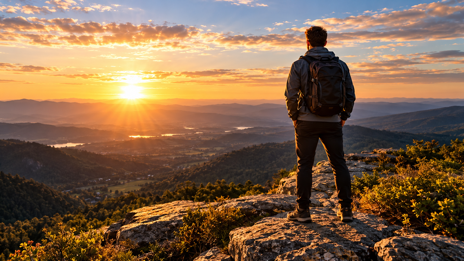 Person standing on a mountain overlooking the sunrise