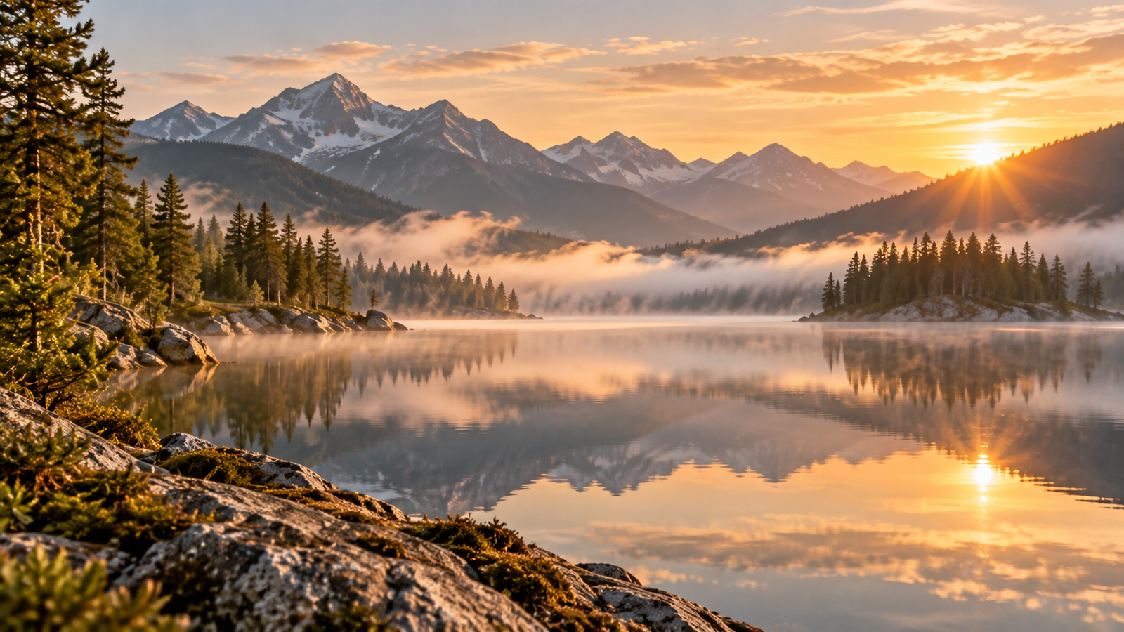 A peaceful mountain lake at sunrise