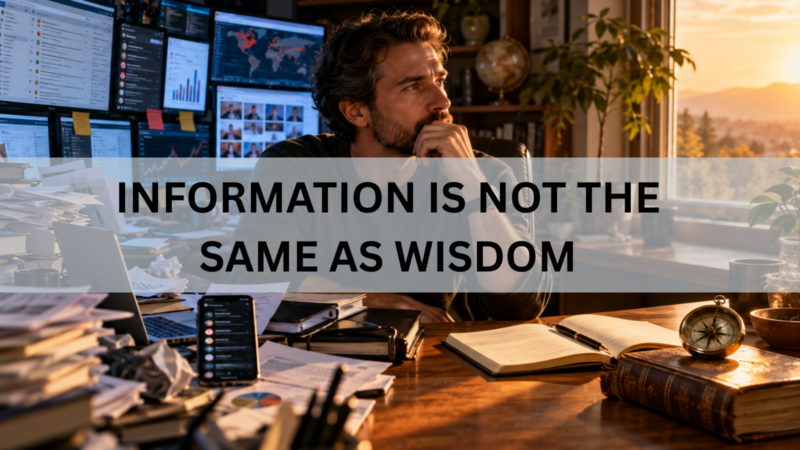 Books and reflection representing the movement from information to wisdom