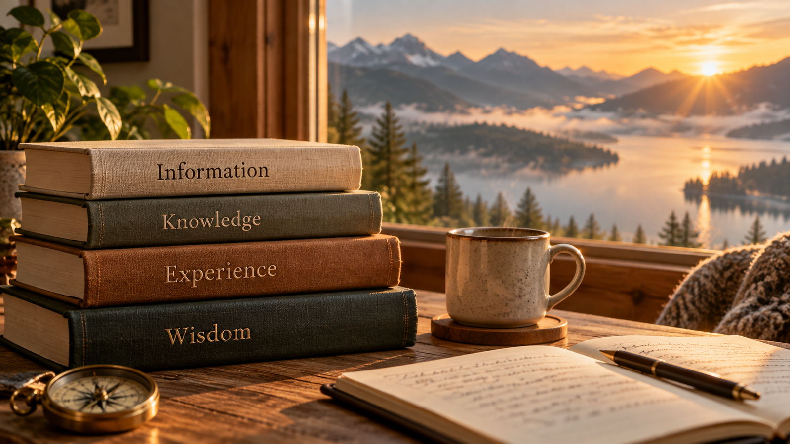 Books and reflection representing the movement from information to wisdom