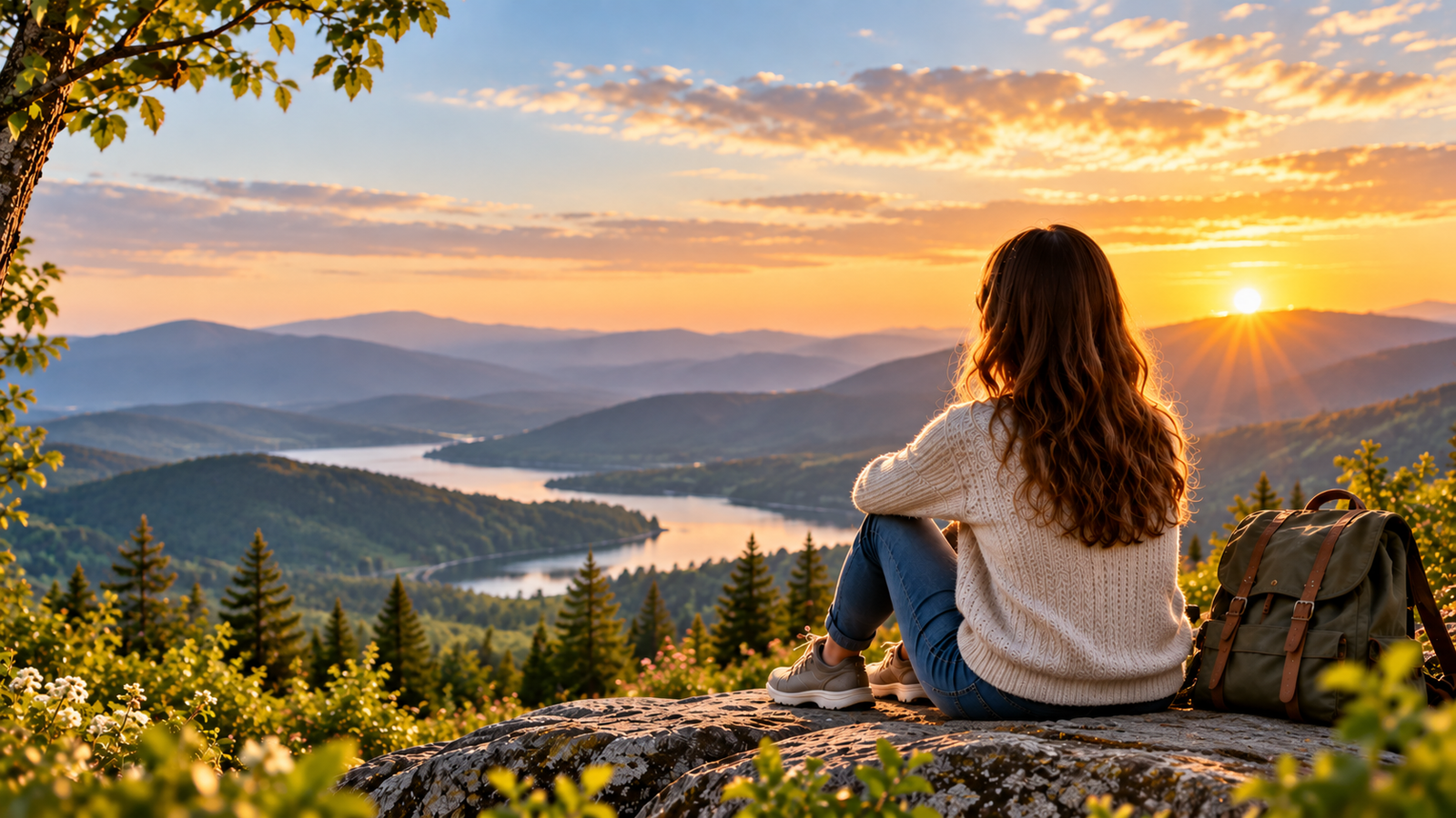 Person overlooking a calm mountain landscape during a season of change