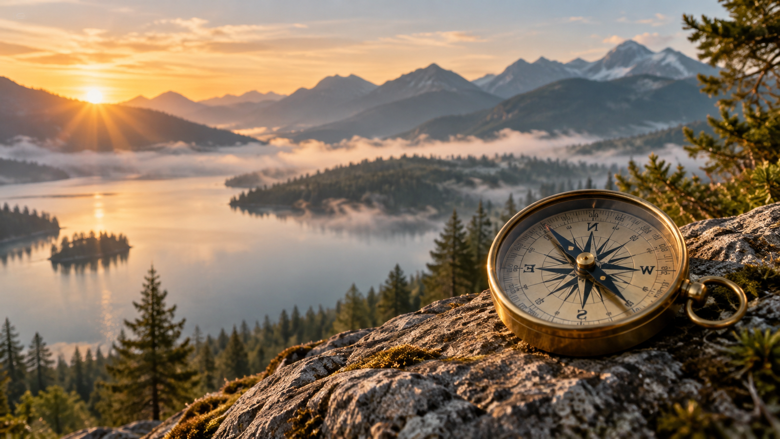 Compass overlooking a peaceful mountain lake at sunrise