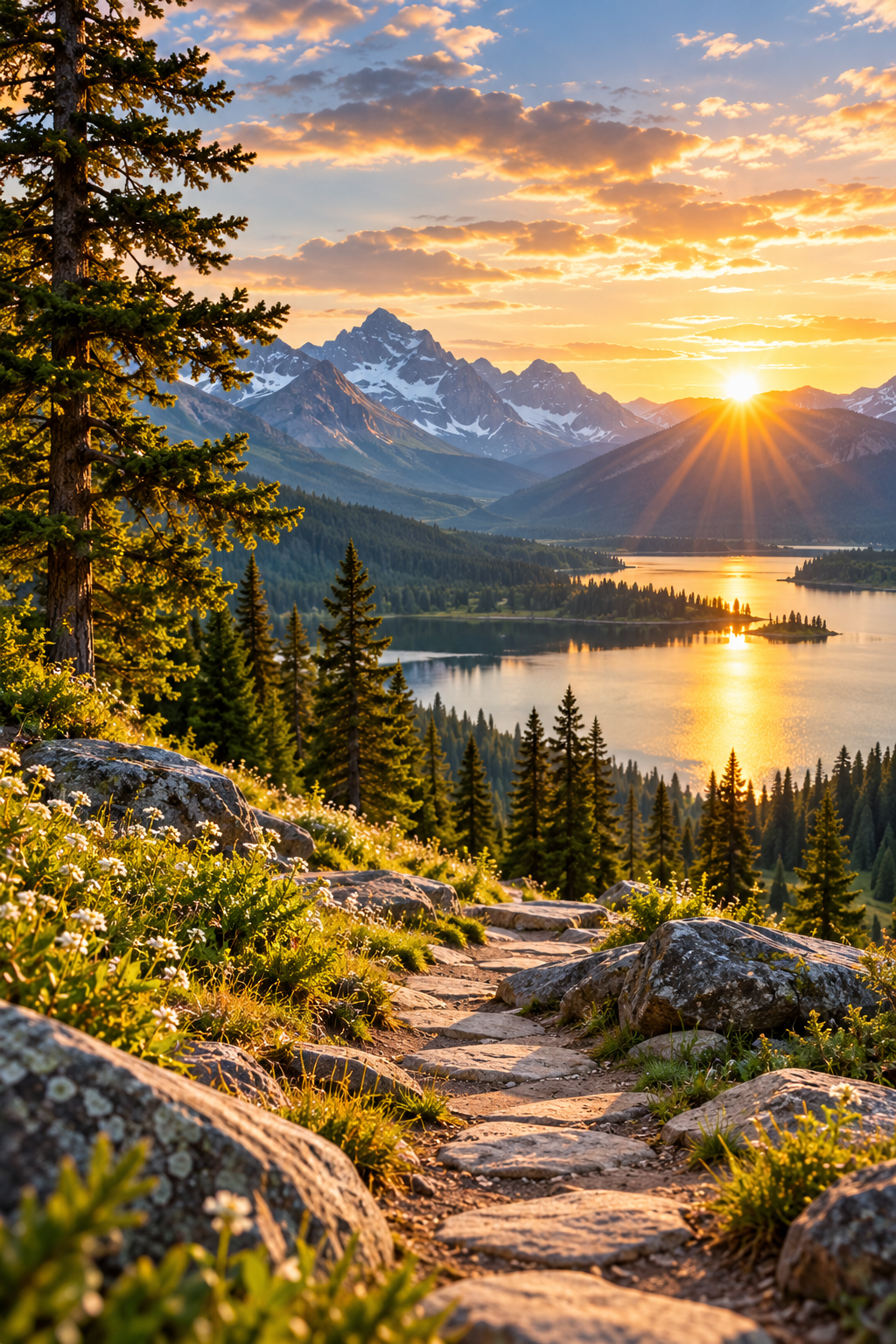 Calm mountain lake in warm evening light