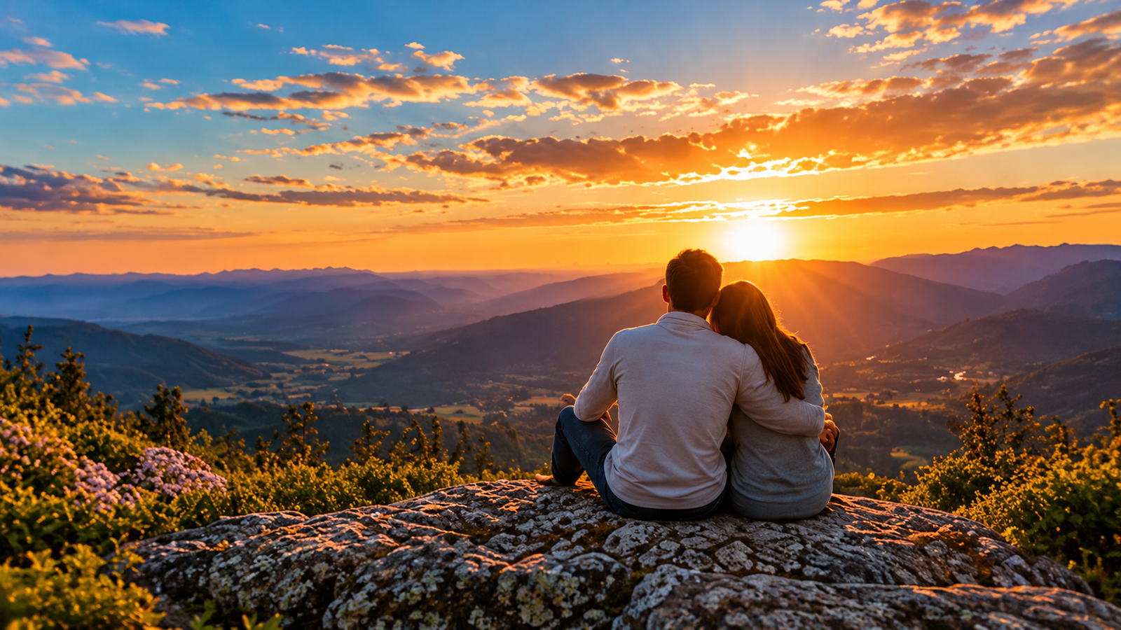 Couple sitting together overlooking a peaceful sunset